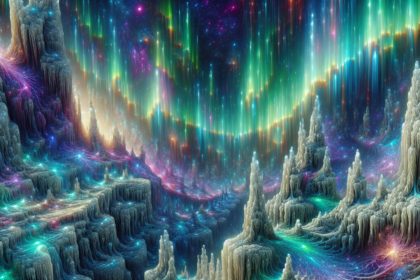 Et levende, surrealistisk landskab med glødende, krystallinske spir, neonårer, der løber gennem jorden, og et farverigt nordlys, der lyser op på en stjernefyldt himmel ovenover. - Kunstig intelligens AI