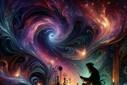 En figur i silhuet arbejder ved et gammelt alkymibord, omgivet af hvirvlende, farverige kosmiske mønstre og lysende stjerner, der smelter videnskab og magi sammen i en drømmende, fantastisk scene. - Kunstig intelligens AI