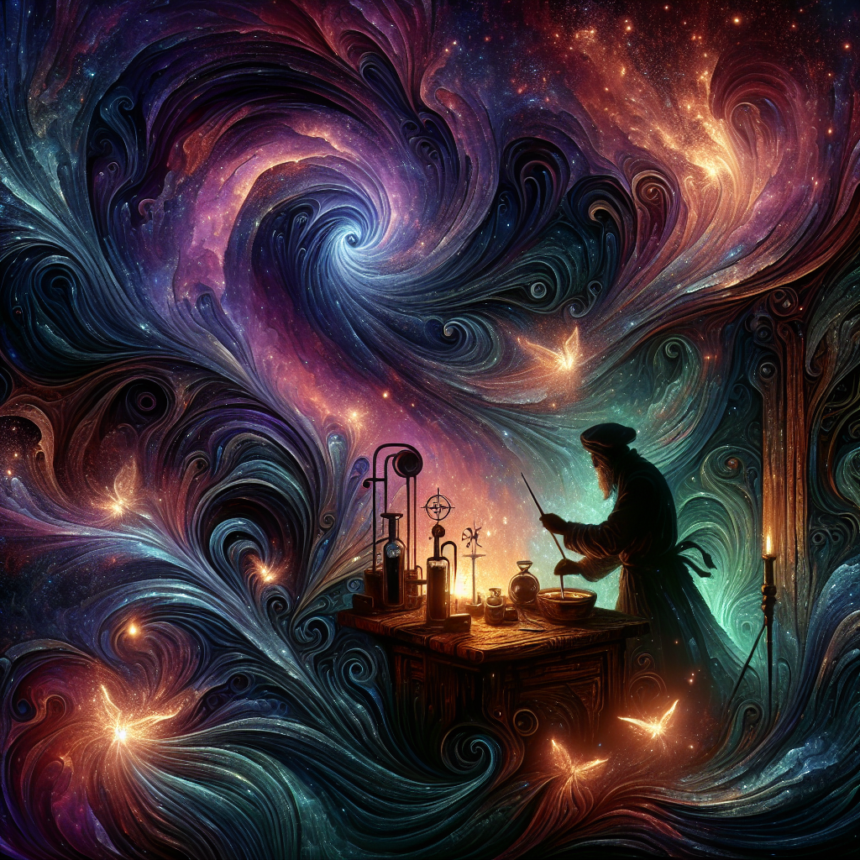 En figur i silhuet arbejder ved et gammelt alkymibord, omgivet af hvirvlende, farverige kosmiske mønstre og lysende stjerner, der smelter videnskab og magi sammen i en drømmende, fantastisk scene. - Kunstig intelligens AI
