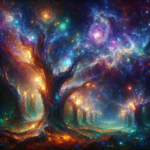 En glødende, surrealistisk skov med hvirvlende, farverige træer og grene, der ligner galakser og stjerner og skaber en levende, drømmeagtig nattehimmel. Scenen blander kosmiske elementer med naturlige former i levende blå, lilla og orange. - Kunstig intelligens AI