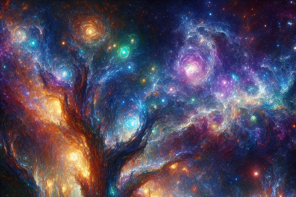 En glødende, surrealistisk skov med hvirvlende, farverige træer og grene, der ligner galakser og stjerner og skaber en levende, drømmeagtig nattehimmel. Scenen blander kosmiske elementer med naturlige former i levende blå, lilla og orange. - Kunstig intelligens AI