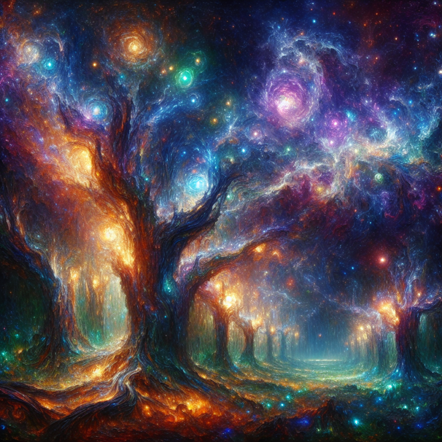 En glødende, surrealistisk skov med hvirvlende, farverige træer og grene, der ligner galakser og stjerner og skaber en levende, drømmeagtig nattehimmel. Scenen blander kosmiske elementer med naturlige former i levende blå, lilla og orange. - Kunstig intelligens AI