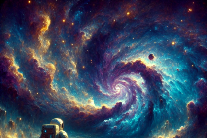 En astronaut står på en surrealistisk, stenet overflade under levende, hvirvlende blå og lilla kosmiske skyer med udsigt til en lysende galaksespiral i det ydre rum. - Kunstig intelligens AI