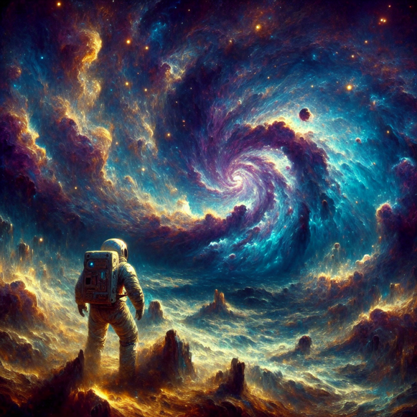 En astronaut står på en surrealistisk, stenet overflade under levende, hvirvlende blå og lilla kosmiske skyer med udsigt til en lysende galaksespiral i det ydre rum. - Kunstig intelligens AI