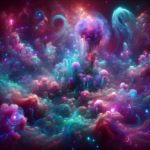 En levende, drømmeagtig scene med glødende, farverige skyer og vandmandslignende former, der svæver i et kosmisk, overjordisk landskab, der blander dybe blå, lilla, lyserøde og klare turkise lys. - Kunstig intelligens AI