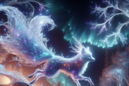 En mystisk ræv med en flydende, stjerneklar hale springer gennem en fortryllet skov om natten, omgivet af glødende træer og levende nordlys på himlen. Scenen er magisk og lysende. - Kunstig intelligens AI