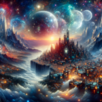 En futuristisk by med lysende skyskrabere strækker sig langs en flod, omgivet af tågede bjerge. Ovenover fylder levende galakser og planeter den farverige nattehimmel og skaber en surrealistisk, overjordisk atmosfære. - Kunstig intelligens AI