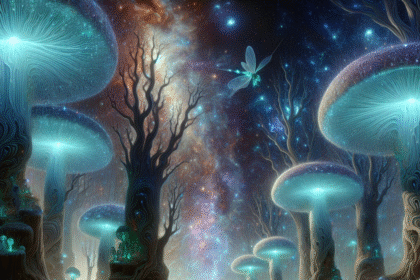 En glødende, surrealistisk skov med gigantiske bioluminescerende svampe, fantastiske træer og lysende planter under en stjerneklar, kosmisk himmel. En stor guldsmed svæver i midten og bidrager til den overjordiske scene. - Kunstig intelligens AI