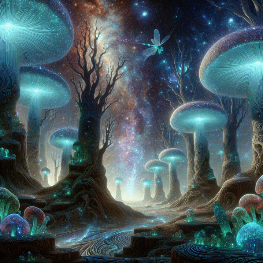 En glødende, surrealistisk skov med gigantiske bioluminescerende svampe, fantastiske træer og lysende planter under en stjerneklar, kosmisk himmel. En stor guldsmed svæver i midten og bidrager til den overjordiske scene. - Kunstig intelligens AI