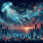 En lysende, gennemsigtig vandmand svæver på en stjerneklar nattehimmel over en futuristisk byskyline ved havet med farverige skyer og en lysende solnedgang eller solopgang i horisonten. - Kunstig intelligens AI