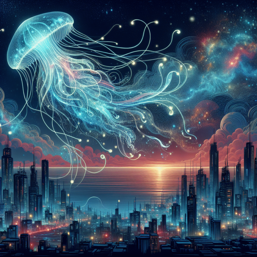 En lysende, gennemsigtig vandmand svæver på en stjerneklar nattehimmel over en futuristisk byskyline ved havet med farverige skyer og en lysende solnedgang eller solopgang i horisonten. - Kunstig intelligens AI
