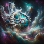Et surrealistisk digitalt kunstværk af en glødende nautilus-skal, der flyder i en levende, hvirvlende kosmisk tåge med skyer og stjerner, der blander fantasy- og science fiction-elementer. - Kunstig intelligens AI