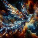 En levende kolibri i farvet glas svæver gennem en kosmisk stjernetåge, mens dens vinger glitrer af flerfarvede glasstykker, omgivet af hvirvlende skyer og stjerner i det dybe rum. - Kunstig intelligens AI