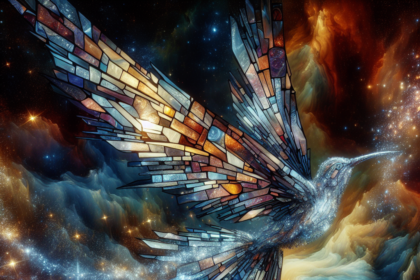 En levende kolibri i farvet glas svæver gennem en kosmisk stjernetåge, mens dens vinger glitrer af flerfarvede glasstykker, omgivet af hvirvlende skyer og stjerner i det dybe rum. - Kunstig intelligens AI