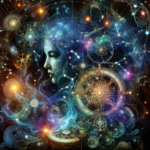 Et surrealistisk billede af et kvindeansigt blandet med kosmiske elementer, tandhjul og lysende konstellationer, der fremkalder en følelse af himmelsk mystik og forbundethed mellem menneskeheden og universet. - Kunstig intelligens AI