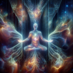 En glødende, gennemsigtig menneskefigur sidder med korslagte ben i meditation, omgivet af levende, hvirvlende strømme af lys og energi mod en kosmisk baggrund, der symboliserer åndelig opvågning og kosmisk forbindelse. - Kunstig intelligens AI