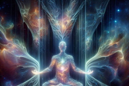 En glødende, gennemsigtig menneskefigur sidder med korslagte ben i meditation, omgivet af levende, hvirvlende strømme af lys og energi mod en kosmisk baggrund, der symboliserer åndelig opvågning og kosmisk forbindelse. - Kunstig intelligens AI