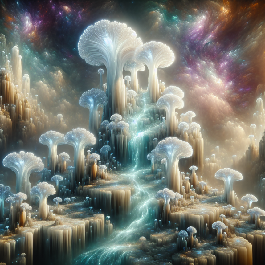 Et glødende, surrealistisk landskab med gigantiske, selvlysende svampe og brusende vandfald under en levende, farverig stjernehimmel. Scenen er overjordisk og drømmeagtig med tåge og mystisk belysning. - Kunstig intelligens AI
