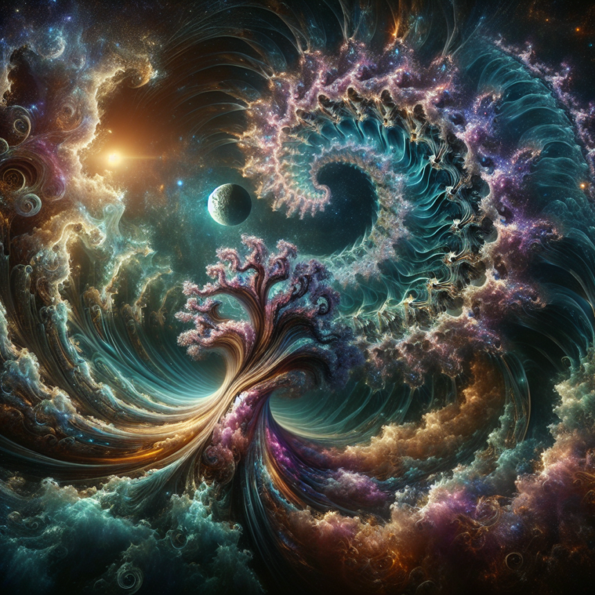 En surrealistisk kosmisk scene med en hvirvlende galakse, et snoet træ med farverige grene, klare stjerner, skyer og en fjern planet i rummet, der blander naturen og universet i en levende, drømmeagtig komposition. - Kunstig intelligens AI