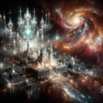 En glødende, futuristisk by med udsmykkede tårne svæver i rummet, omgivet af skarpe lys og stjernetåger med en hvirvlende spiralgalakse i baggrunden. Scenen blander fantasy- og science fiction-elementer. - Kunstig intelligens AI