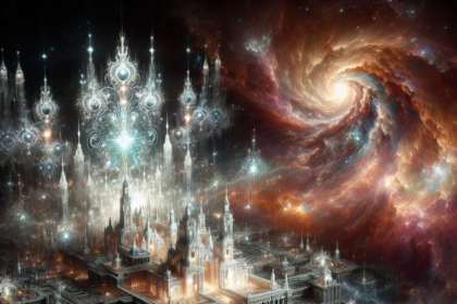 En glødende, futuristisk by med udsmykkede tårne svæver i rummet, omgivet af skarpe lys og stjernetåger med en hvirvlende spiralgalakse i baggrunden. Scenen blander fantasy- og science fiction-elementer. - Kunstig intelligens AI