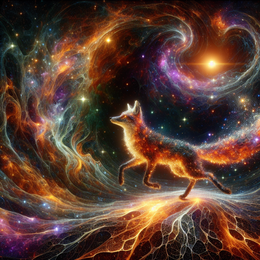 En glødende ræv lavet af stjerner og kosmisk støv går gennem en levende, hvirvlende galakse med farverige stjernetåger og klare lysspor omkring sig i en magisk, overjordisk rumscene. - Kunstig intelligens AI