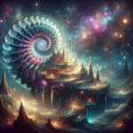 En lysende, fantastisk by snor sig opad i form af en nautilus-skal og lyser op under en levende, kosmisk himmel fuld af stjerner og stjernetåger med indviklede tårne og broer omgivet af tåge og æterisk lys. - Kunstig intelligens AI