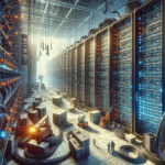 Stort datacenter med tårnhøje serverracks, sammenfiltrede kabler og adskillige arbejdere, der betjener gaffeltrucks og maskiner blandt kasser og udstyr i et stærkt oplyst, højteknologisk miljø. - Kunstig intelligens AI