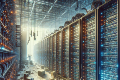 Stort datacenter med tårnhøje serverracks, sammenfiltrede kabler og adskillige arbejdere, der betjener gaffeltrucks og maskiner blandt kasser og udstyr i et stærkt oplyst, højteknologisk miljø. - Kunstig intelligens AI