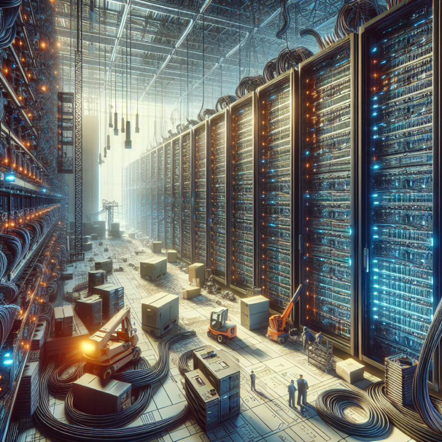 Stort datacenter med tårnhøje serverracks, sammenfiltrede kabler og adskillige arbejdere, der betjener gaffeltrucks og maskiner blandt kasser og udstyr i et stærkt oplyst, højteknologisk miljø. - Kunstig intelligens AI