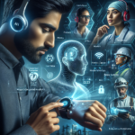 En mand bruger et smartwatch, mens han har hovedtelefoner på, omgivet af holografiske ikoner og forskellige fagfolk i headsets, der repræsenterer avanceret teknologi og global kommunikation i forskellige brancher. - Kunstig intelligens AI