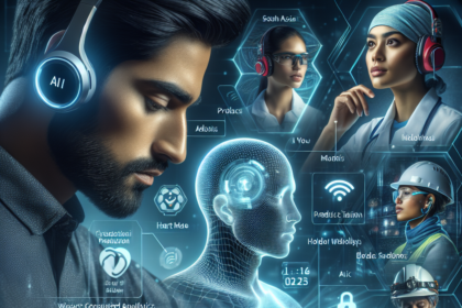 En mand bruger et smartwatch, mens han har hovedtelefoner på, omgivet af holografiske ikoner og forskellige fagfolk i headsets, der repræsenterer avanceret teknologi og global kommunikation i forskellige brancher. - Kunstig intelligens AI