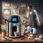 En overrasket tjener gestikulerer ved en kaffemaskine med et digitalt Alexa Plus-display, mens en sammenbidt robot sidder ved et rodet cafebord med spildt kaffe og kopper. I baggrunden ses tavlemenuer og kaffedekoration. - Kunstig intelligens AI