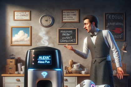 En overrasket tjener gestikulerer ved en kaffemaskine med et digitalt Alexa Plus-display, mens en sammenbidt robot sidder ved et rodet cafebord med spildt kaffe og kopper. I baggrunden ses tavlemenuer og kaffedekoration. - Kunstig intelligens AI