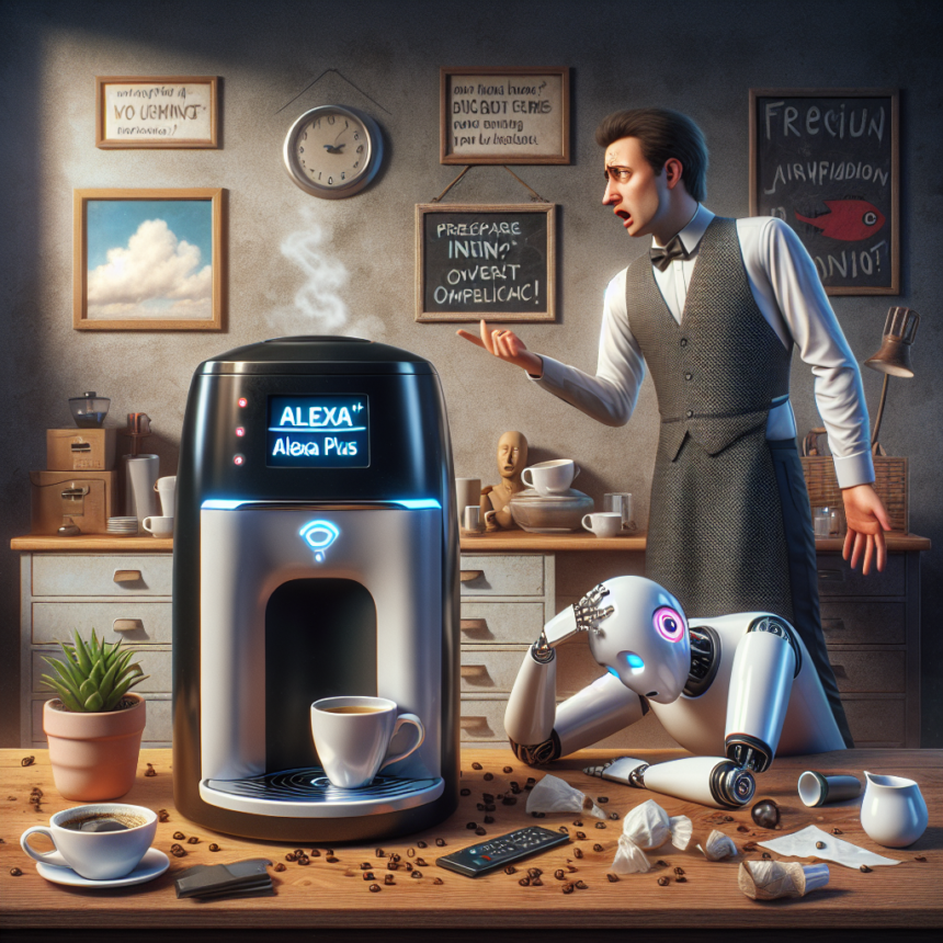 En overrasket tjener gestikulerer ved en kaffemaskine med et digitalt Alexa Plus-display, mens en sammenbidt robot sidder ved et rodet cafebord med spildt kaffe og kopper. I baggrunden ses tavlemenuer og kaffedekoration. - Kunstig intelligens AI