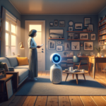 En kvinde står i en hyggelig, moderne stue og bruger en tablet, mens hun står over for en lille, futuristisk robot med en lysende blå ring. Rummet har varm belysning, bogreoler og indrammede fotos på væggen. - Kunstig intelligens AI