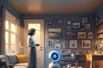 En kvinde står i en hyggelig, moderne stue og bruger en tablet, mens hun står over for en lille, futuristisk robot med en lysende blå ring. Rummet har varm belysning, bogreoler og indrammede fotos på væggen. - Kunstig intelligens AI