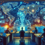 Et team af mennesker arbejder ved computerborde i et kontrolrum med et stort digitalt verdenskort, lysende datalinjer og en futuristisk holografisk figur, der overvåger globale netværk. - Kunstig intelligens AI