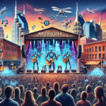 Robotter spiller guitar på en scene i Nashville foran byens skyline, med droner, musiknoter og en folkemængde. Scenen blander futuristiske temaer med countrymusik fra Nashville. - Kunstig intelligens AI