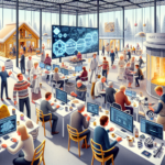 Et travlt, moderne arbejdsområde med mennesker, der bruger computere og futuristisk teknologi. Store digitale skærme viser data, mens nogle mennesker socialiserer. Et snedækket udendørslandskab og en træhytte er synlige gennem glasvægge. - Kunstig intelligens AI