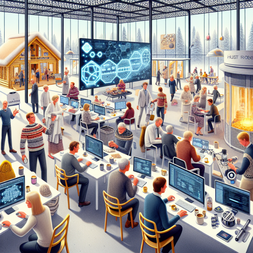 Et travlt, moderne arbejdsområde med mennesker, der bruger computere og futuristisk teknologi. Store digitale skærme viser data, mens nogle mennesker socialiserer. Et snedækket udendørslandskab og en træhytte er synlige gennem glasvægge. - Kunstig intelligens AI