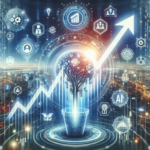 En digital illustration af et træ, der vokser fra en potte, omgivet af teknologi og AI-ikoner, med en lysende pil opad, der symboliserer vækst og fremskridt, på en baggrund af et futuristisk bybillede. - Kunstig intelligens AI
