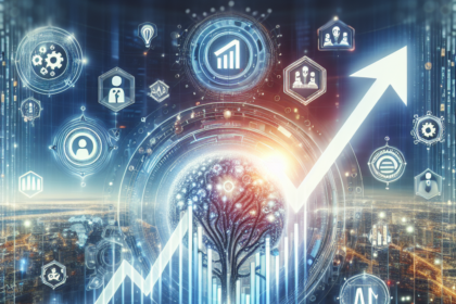 En digital illustration af et træ, der vokser fra en potte, omgivet af teknologi og AI-ikoner, med en lysende pil opad, der symboliserer vækst og fremskridt, på en baggrund af et futuristisk bybillede. - Kunstig intelligens AI