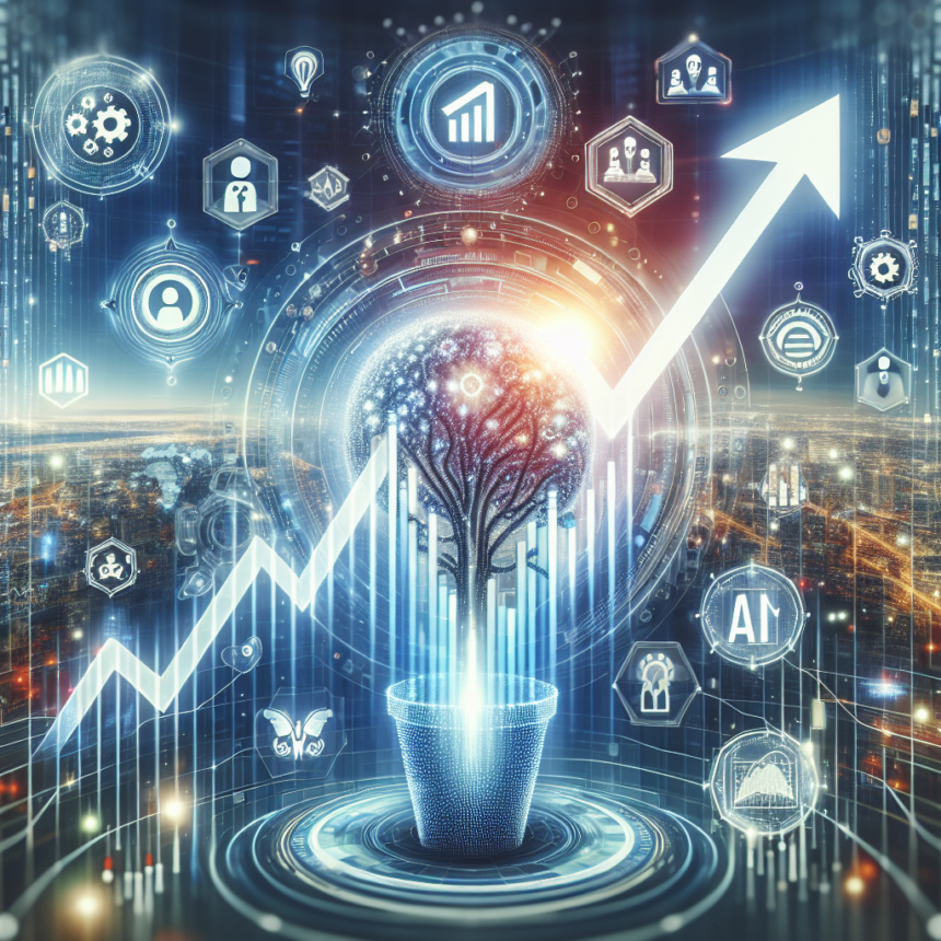 En digital illustration af et træ, der vokser fra en potte, omgivet af teknologi og AI-ikoner, med en lysende pil opad, der symboliserer vækst og fremskridt, på en baggrund af et futuristisk bybillede. - Kunstig intelligens AI