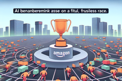 Løbere løber mod et stort Amazon-trofæ i en futuristisk by, alle med pakker. Baggrunden omfatter byens bygninger, mens teksten ovenover lyder: AI benanberemink asse on a fitul, frusiless race. - Kunstig intelligens AI
