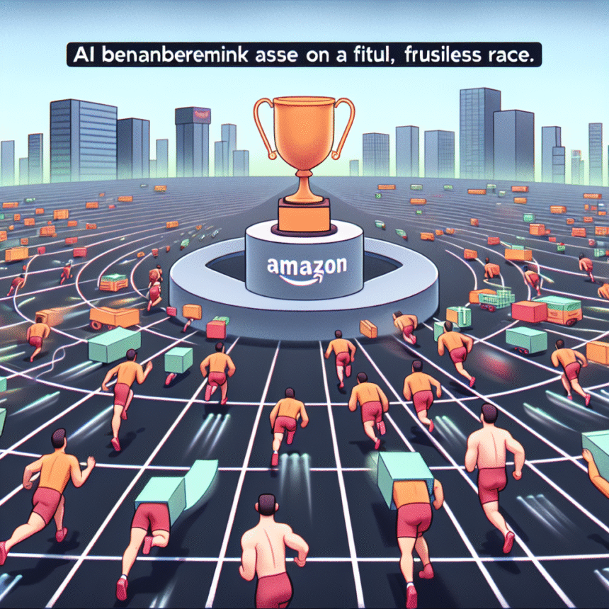 Løbere løber mod et stort Amazon-trofæ i en futuristisk by, alle med pakker. Baggrunden omfatter byens bygninger, mens teksten ovenover lyder: AI benanberemink asse on a fitul, frusiless race. - Kunstig intelligens AI