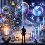 En person med en vægt står foran en delt scene med tandhjul, pærer og teknologisymboler på den ene side og finansielle ikoner, diagrammer og en globus på den anden, som symboliserer balancen mellem innovation og global økonomi. - Kunstig intelligens AI