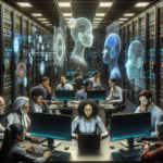 En gruppe forskellige mennesker arbejder ved computere i et serverrum med lysende digitale hologrammer af menneskehoveder og datastrømme, der flyder mellem serverracks, hvilket tyder på avanceret forskning i kunstig intelligens. - Kunstig intelligens AI