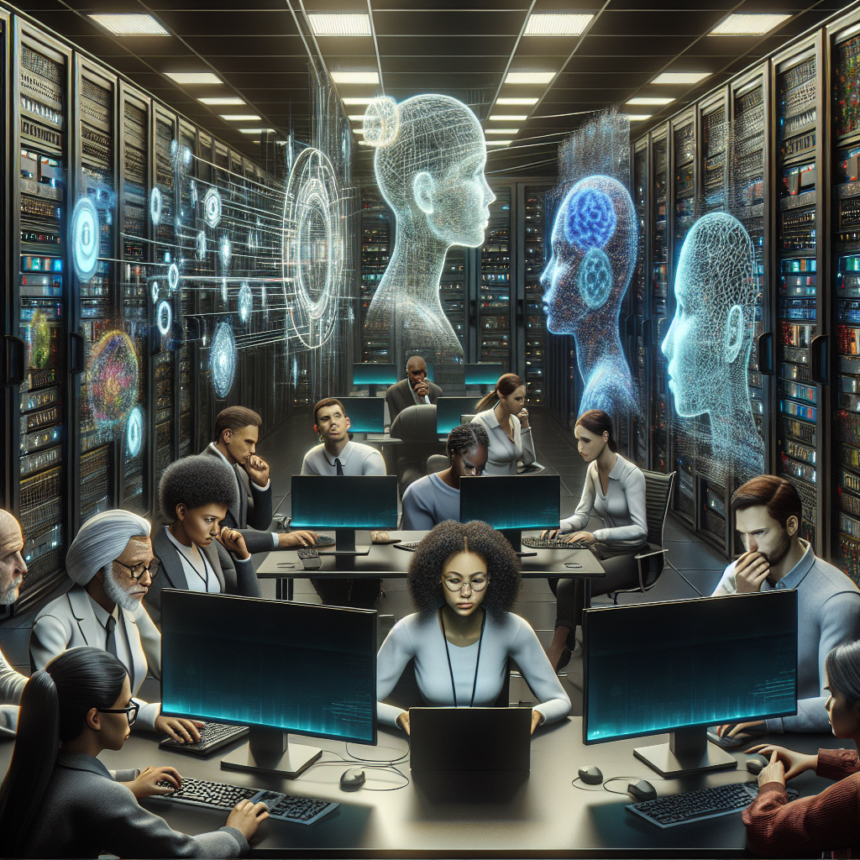 En gruppe forskellige mennesker arbejder ved computere i et serverrum med lysende digitale hologrammer af menneskehoveder og datastrømme, der flyder mellem serverracks, hvilket tyder på avanceret forskning i kunstig intelligens. - Kunstig intelligens AI