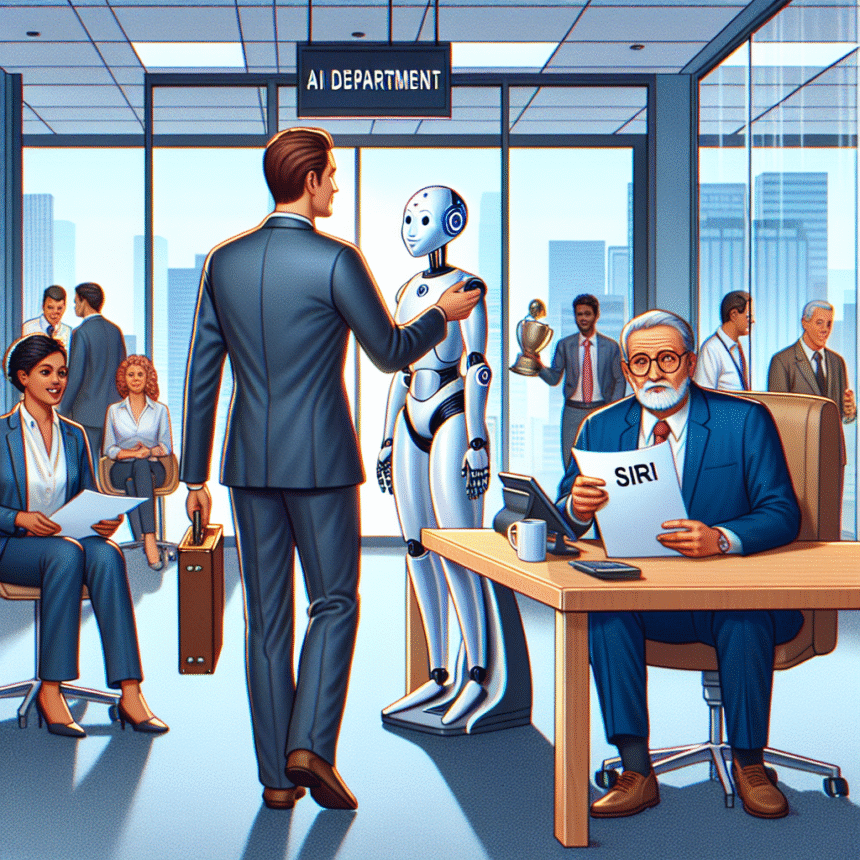 En forretningsmand hilser på en humanoid robot i et moderne kontor mærket AI Department, mens medarbejdere arbejder, og en mand ved et skrivebord gennemgår dokumenter mærket SIRI. Byens bygninger er synlige gennem store vinduer. - Kunstig intelligens AI